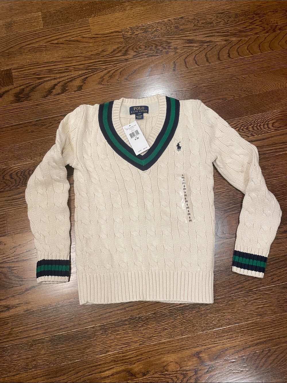 Polo by Ralph Lauren Cream Cable-Knit V-Neck Sweater with Green and Navy Trim